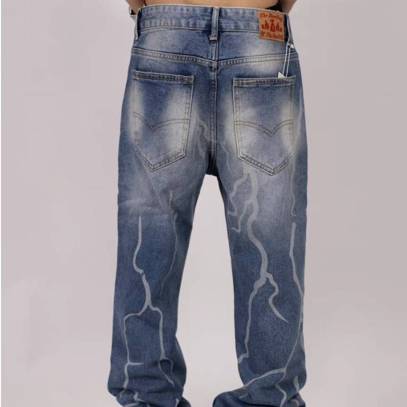 Vintage Washed Distressed Jeans For Men – High Street Hip-Hop Slim Fit Bootcut Denim Pants (Blue )_voghion.com