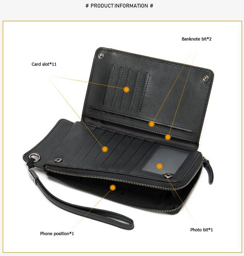 Men's Genuine Leather Long Wallet With Wrist Strap – Large Capacity Multi-Card Holder Slim Phone Case, Premium Cowhide, Minimalist Design_voghion.com