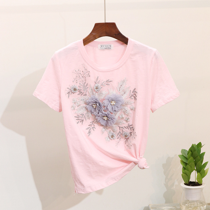 Women's Clothing Beaded Embroidery Three-dimensional Flower Short Sleeve T-shirt Ripped Denim Jeans_voghion.com