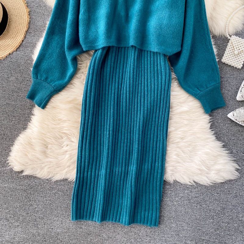 Ensemble robe en tricot à manches chauve-souris surdimensionnées – Pull décontracté à manches longues et robe midi (taille unique) – Mélange doux d'acrylique et de nylon_voghion.com