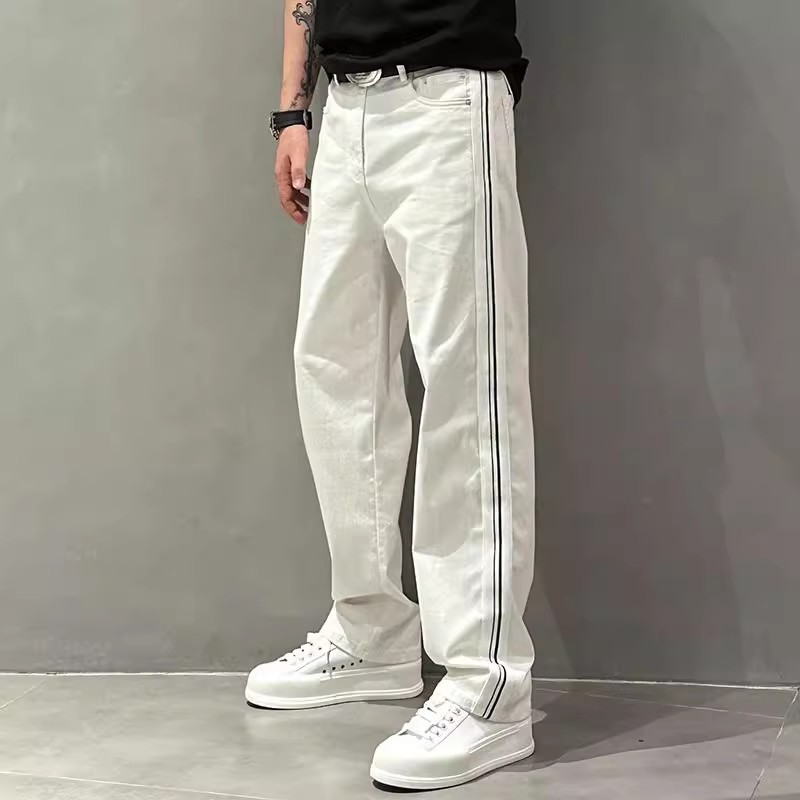 Erkek İnce Tüm Maç Geniş Bacak Pantolon Erkek Çizgili Dikiş Düz Rahat Pantolon Moda Gevşek Beyaz Kot_voghion.com