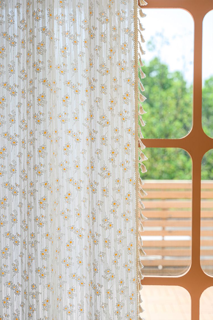 Cortinas de algodón semitransparentes de estilo japonés, sin perforaciones, con ganchos y ojales, con estampado floral bohemio y garabatos para sala de estar y dormitorio._voghion.com