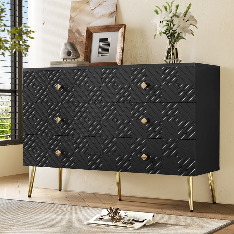 Kommode Schwarz 120x80cm Mit 6 Schubladen, Gold-Akzenten, Metallbeinen_voghion.com