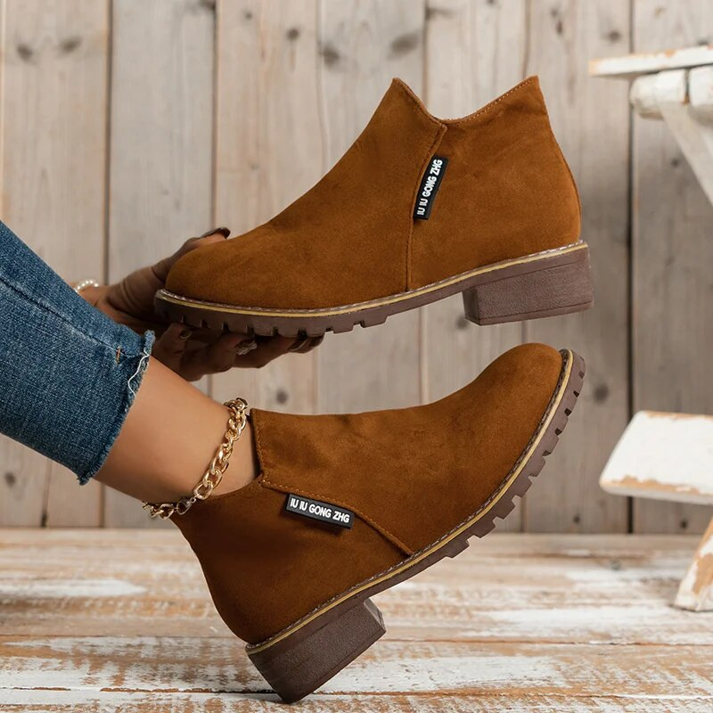 SHLIANG Herbst Seitlicher Reißverschluss Kurze Stiefel Weibliche Niedrige Stiefel Rutschfeste Frosted Wildleder Schuhe Frauen Stiefelette s0267_voghion.com