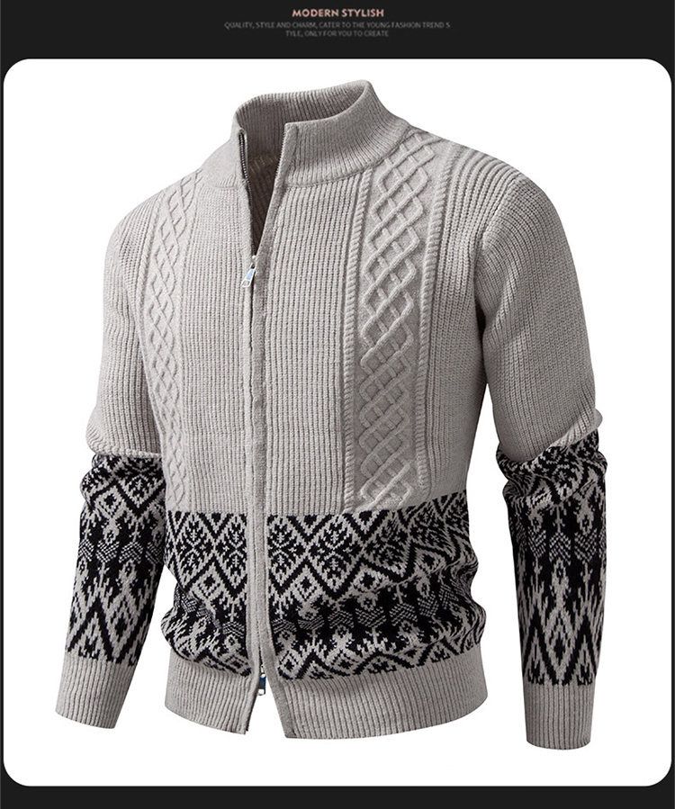Cardigan masculino, suéter de malha com zíper e gola alta, pulôver casual grosso para outono e inverno (várias cores e tamanhos)_voghion.com