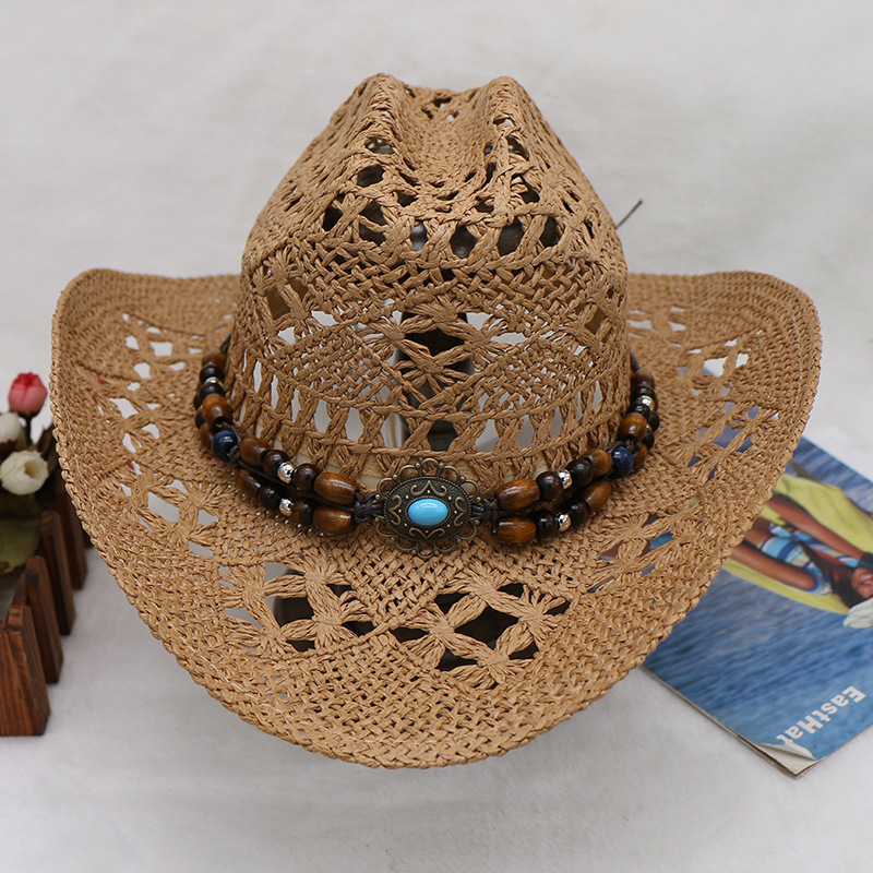 Hand-woven hollowed-out horseflower beach sunshade hats for men and women with cuffed cowboy hats_voghion.com