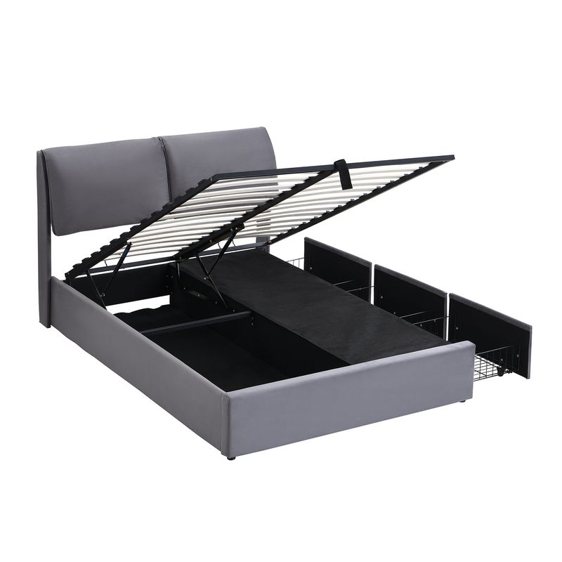 Cadre de lit coffre hydraulique rembourré en velours avec 3 tiroirs, sommier à lattes, tête de lit, 140 x 200 cm, gris, matelas non inclus_voghion.com