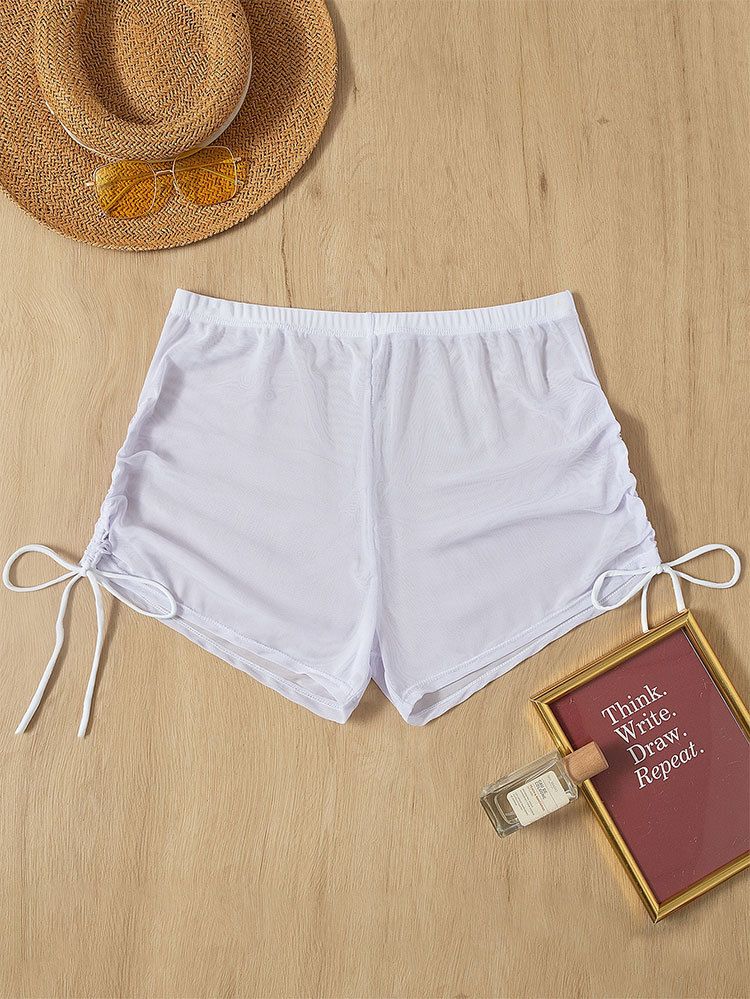 New European And American Sexy Solid Color Swimsuit Women's Four Corner Transparent Mesh Drawstring Beach Swimming Trunks Bikini Shorts_voghion.com