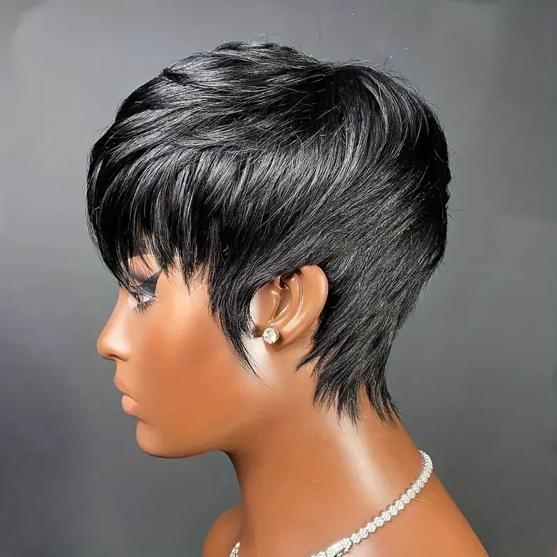 Pixie-Perücke aus Echthaar, leicht zu tragen und natürliche Passform, schick, 1B/1B27 Töne, für Frauen, kurz_voghion.com