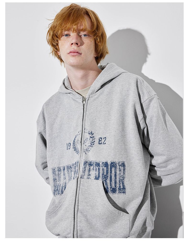 Vintage pound vintage outlets do old effect print loose zip hoodie per uomo nuovo autunno e inverno_voghion.com