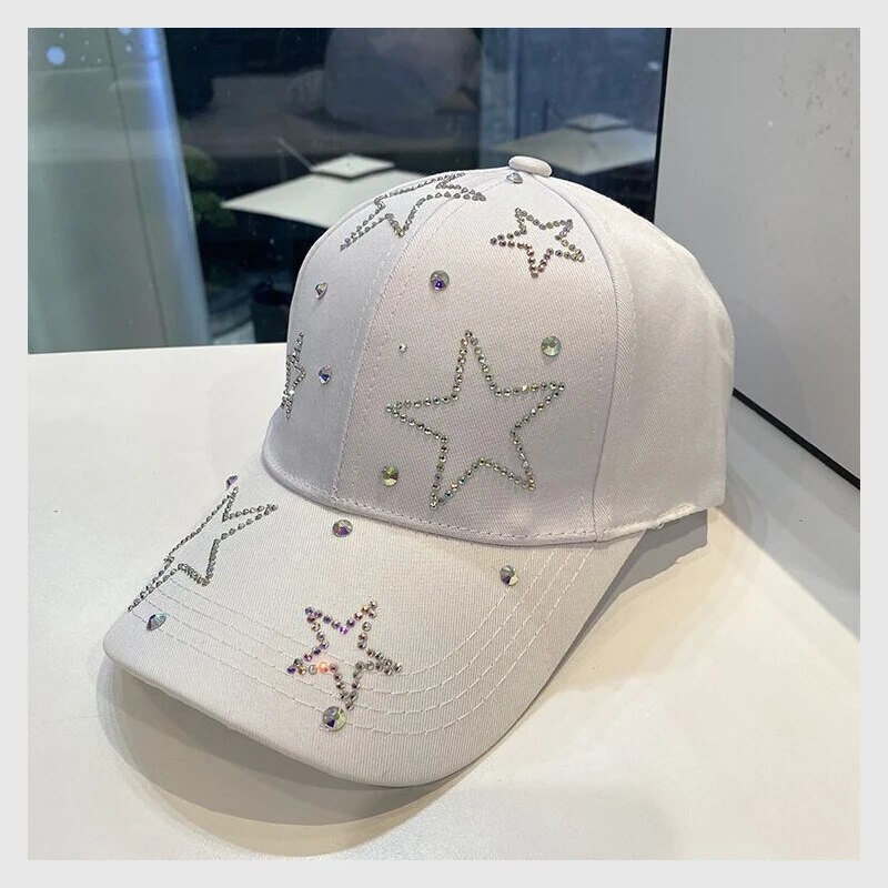 Cappello da sole da donna con stella a cinque punte intarsiata con diamanti, berretto con visiera femminile casual regolabile in cotone primaverile ed estivo_voghion.com