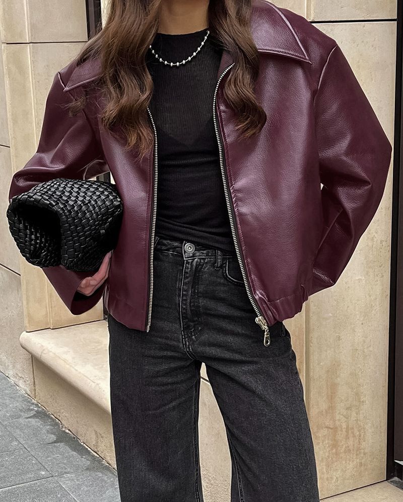 Giacca in similpelle oversize in stile motociclista per donna - Cappotto ampio a maniche lunghe (bordeaux/marrone/nero/verde oliva)_voghion.com
