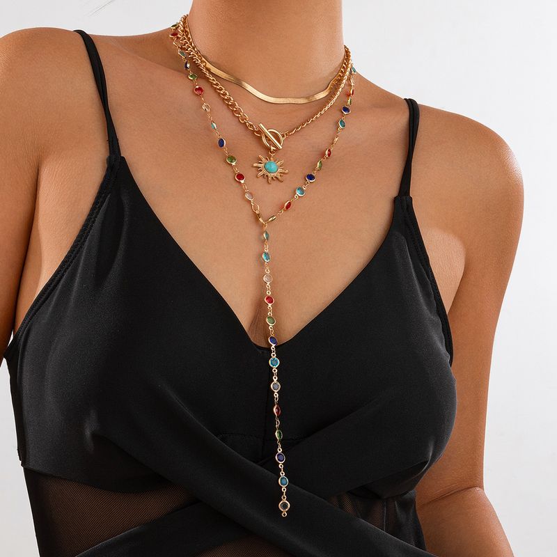 Ins Style Colorful Crystal Snake Bone Chain Necklace, Simple Turquoise Sun Pendant Set, Layered Necklace Accessory_voghion.com