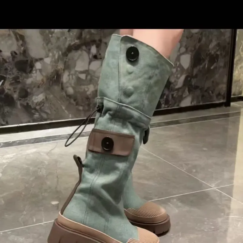 Retro Denim Chunky Platform For Women 2024 Autumn Patchwork Western Style Cowboy Boots Woman Thick Heels Mid Calf Botas_voghion.com