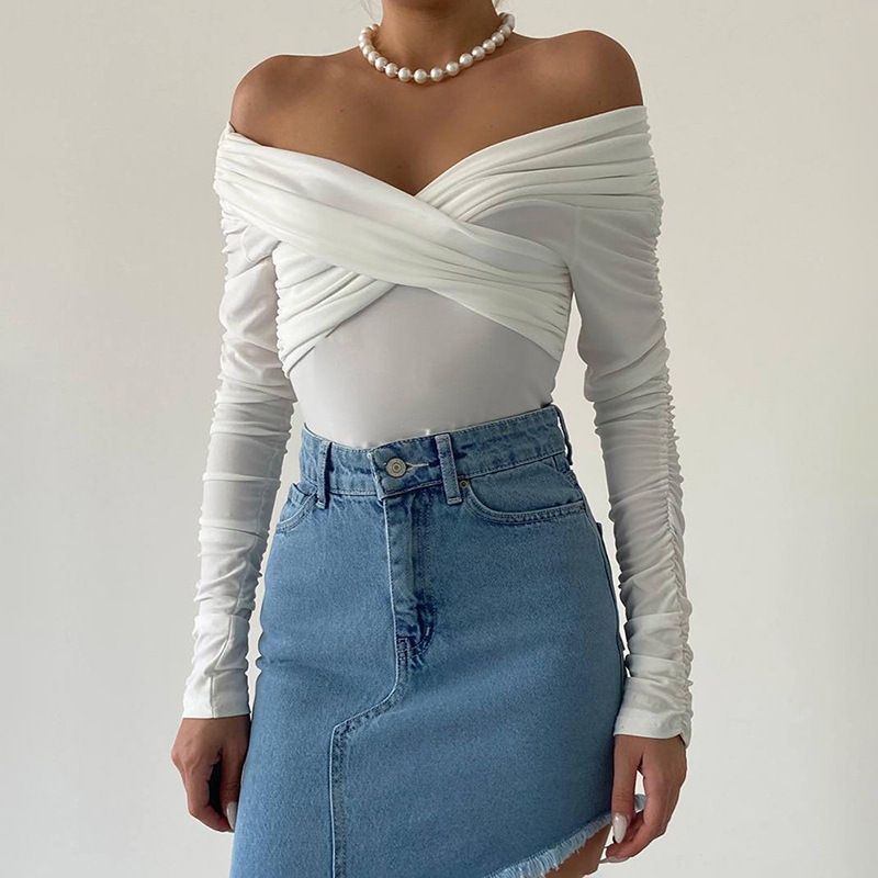 New Cross-border Spring And Autumn Women's Clothing One-word Shoulder V-neck Pleated Long-sleeved Top Tight Spice Girl Temperament Onesie_voghion.com