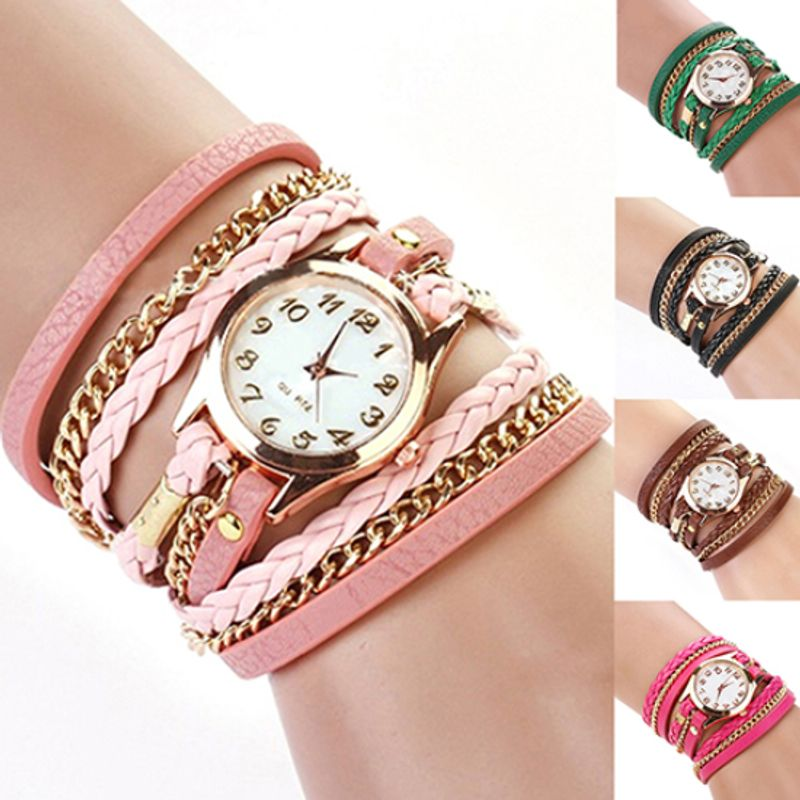 Yamaler Damen-Armbanduhr, lässig, Vintage-Stil, geflochten, mehrschichtig, Kunstlederarmband_voghion.com