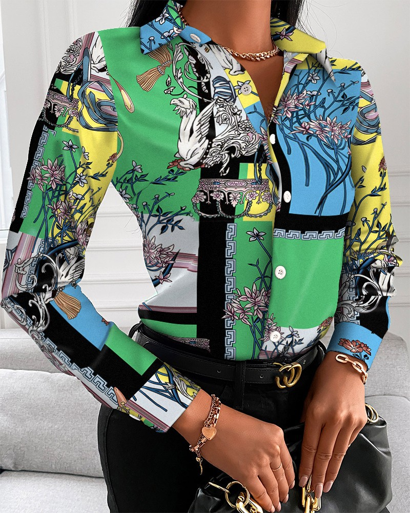 Camicia da donna stampata con scollo a V e bottoni alla moda_voghion.com