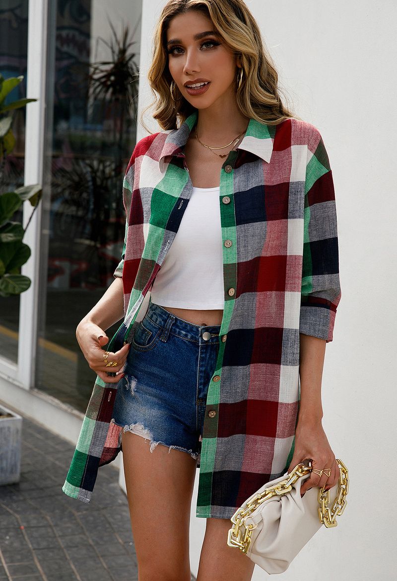 Camicia midi scozzese colorata ampia e casual, top da donna, monopetto, a maniche lunghe, scozzese_voghion.com