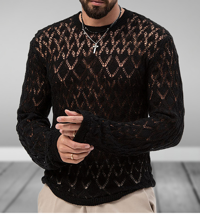Men Knitting Pullover Long Sleeve Thin Clothes Casual Loose Hollow Out Black Sweater Male Round Neck Breathable Solid Jumper Top_voghion.com