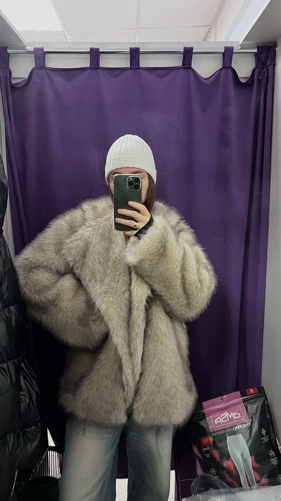 Dwustronny płaszcz ze sztucznego futra z kołnierzem z lisa, ciepła i puszysta zimowa kurtka dla kobiet, obszerny, luźny krój, modny styl uliczny_voghion.com