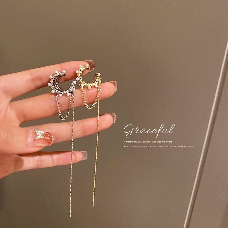 Koreanische einfache einzelne eingelegte Diamantperle, nicht durchbohrte Manschette, lange Quaste, Clip-Ohrringe, eleganter Ohrschmuck_voghion.com