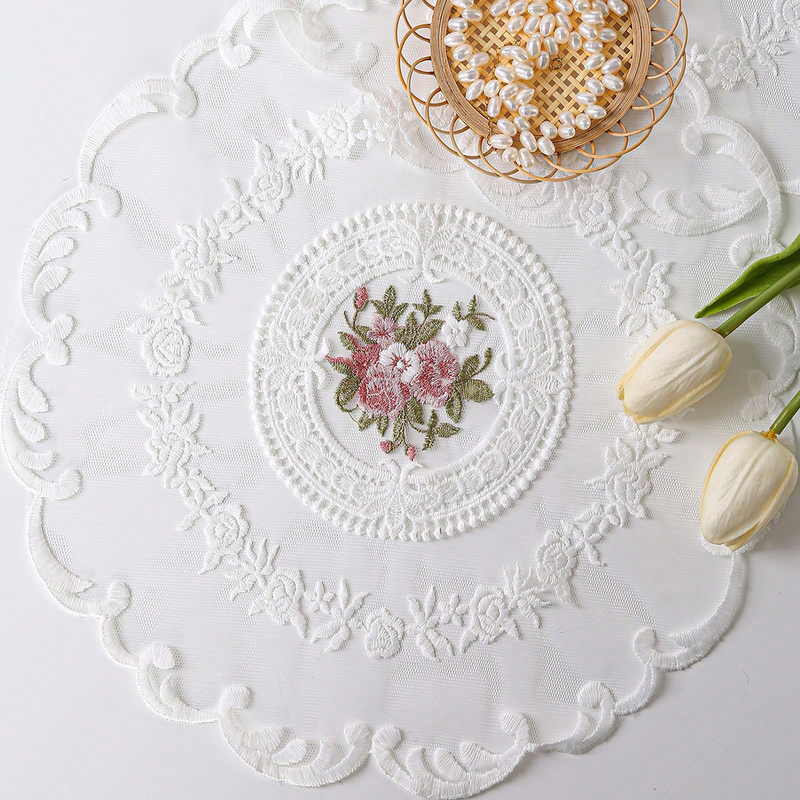 1PC New Lace Dining Mat Round Embroidered Flower Dining Mat_voghion.com