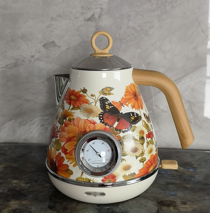 PS3013Ta Flower ūdenszīme krāsota elektriskā tējkanna retro instrumenta termometrs elektriskā tējkannas snīpis var pievienot ūdeni 1850W, lai ātri uzvārītu_voghion.com