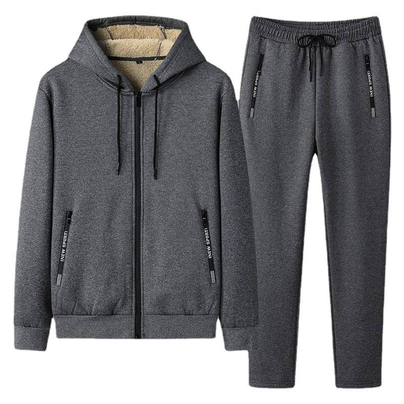 Men's Clothing Winter Plus Velvet Thickened Suit Men Hooded Cardigan Jacket Casual Sweatpants Warm Youth Lambskin_voghion.com