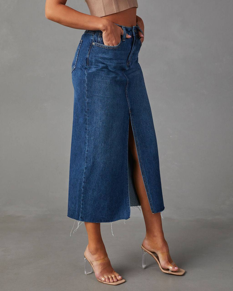 Jupe trapèze mi-longue délavée taille haute pour femme de style américain_voghion.com