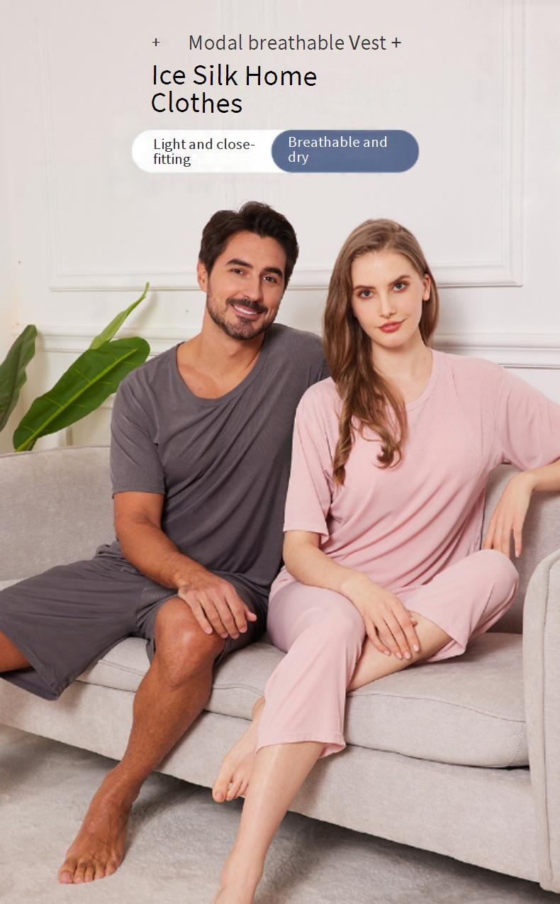 Women's Sleepwears With Chest Pads Ice Silk Short Sleeved Trousers Summer Thin Cool Ice Silk Home Clothes_voghion.com