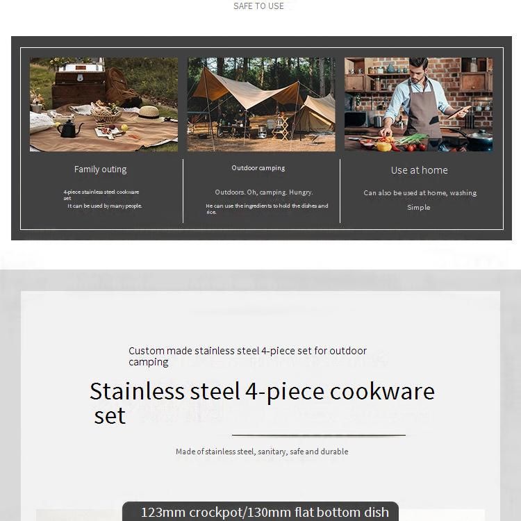 Camping-Kochgeschirr-Set aus Edelstahl, 4-teilig, tragbar, für den Außenbereich, inkl. Topf, Pfanne, Deckel, kompakt und leicht_voghion.com