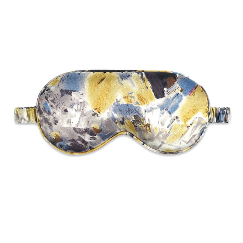 Schlafmaske mit abstraktem Batik-Print in Gelb und Grau – seidenähnlicher Stoff, 100 % lichtundurchlässig, atmungsaktiv und hautfreundlich, verstellbares Kopfband_voghion.com
