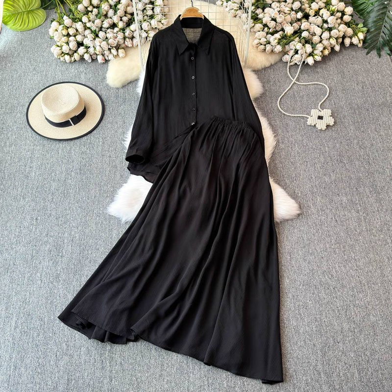 Elegant Women's Casual Two-Piece Set Loose Long Sleeve Blouse With High Waist Slimming Midi Skirt_voghion.com