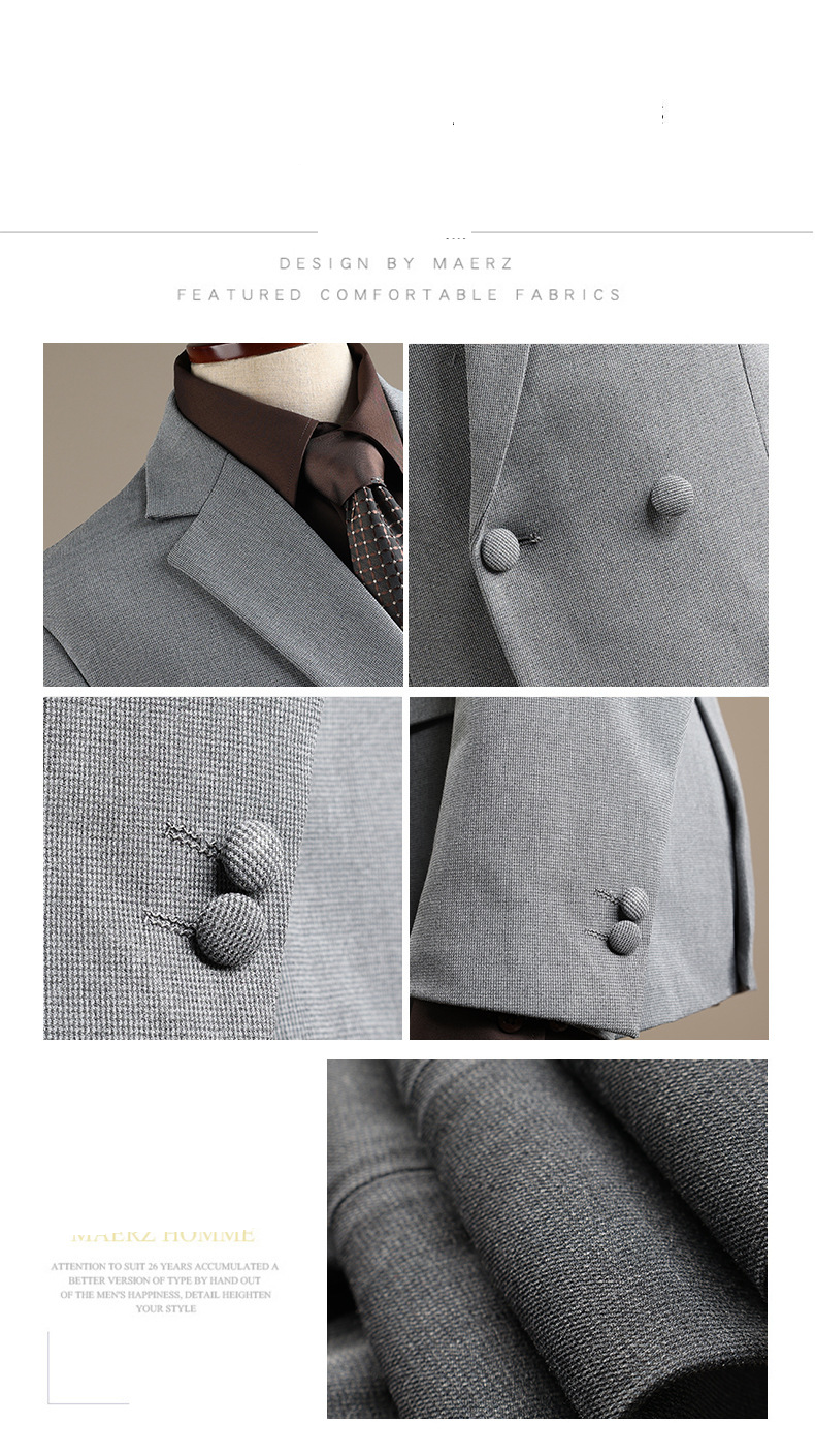 Men's Slim Fit Double Breasted Suit Set - Business Casual Blazer & Trousers For Wedding & Office (Black/Grey/Tan, Sizes 48-58)_voghion.com