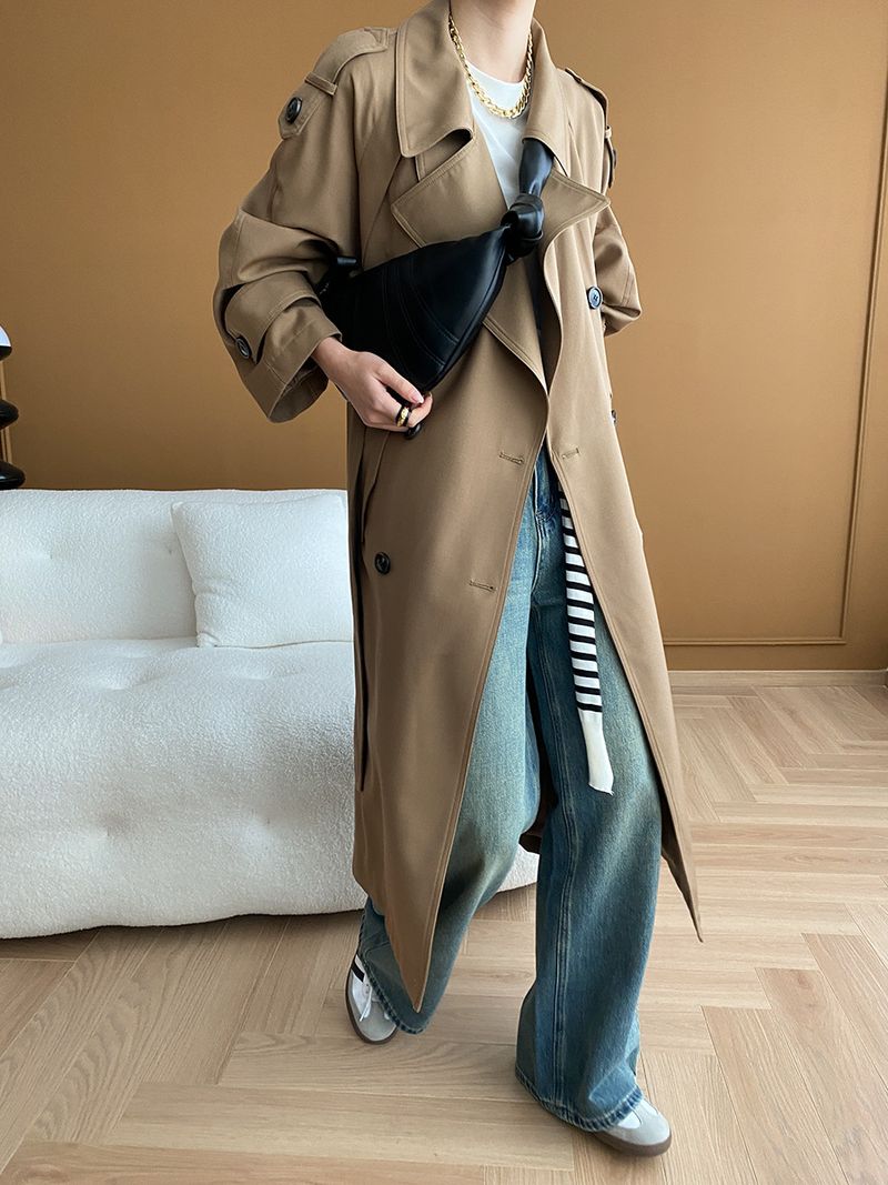 Trench lungo doppiopetto minimalista di lusso da donna, antipiega, per autunno inverno_voghion.com