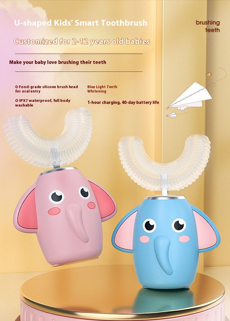 Cepillo de dientes eléctrico infantil en forma de U: 3 modos, limpieza de 360°, cerdas suaves de silicona, silencioso (36 dB), recargable, diseño de elefante (con pasta de dientes)_voghion.com
