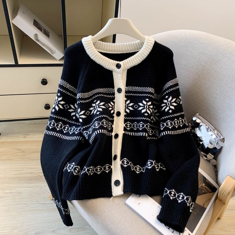 Cardigan in maglia Fair Isle – Maglione color-block dalla vestibilità comoda (crema/nero) | Comodo capo a strati di ispirazione nordica per un'eleganza casual_voghion.com