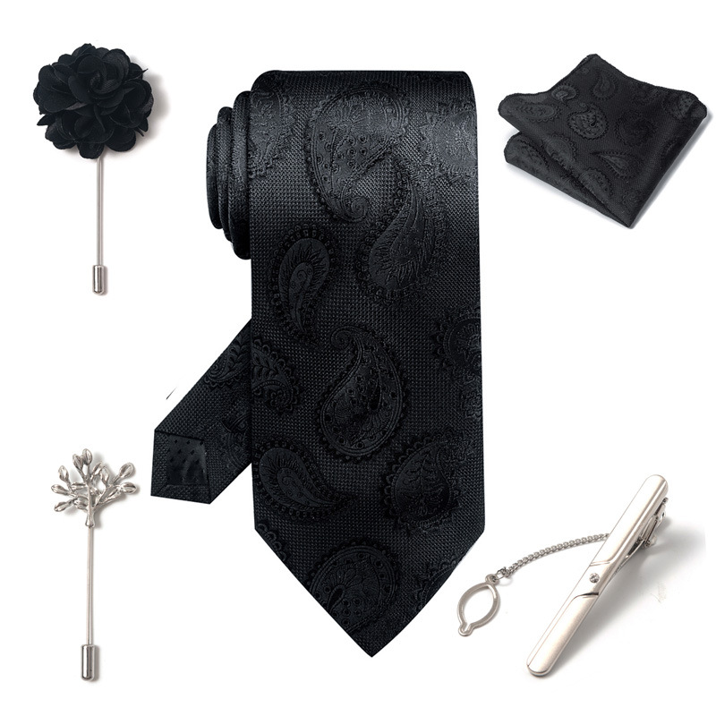 Set da uomo alla moda in tinta unita a righe con anacardi, confezione regalo da 6 pezzi, set con corsetto con fermacravatta e sciarpa quadrata_voghion.com