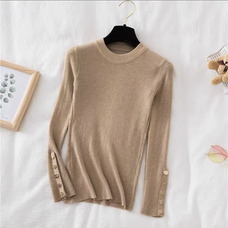 Herfst en winter Nieuwe gebreide trui dames half coltrui effen kleur onderkant shirt binnen- en buitenkleding westerse stijl middenkraag lange mouw sh_voghion.com