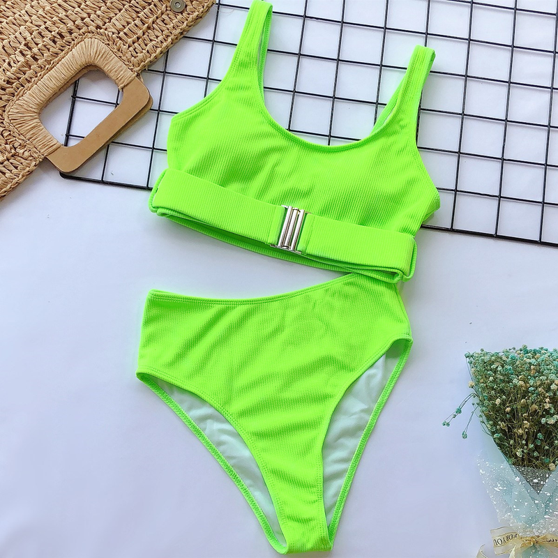 Hot Bikini Hot Sale High Waist Solid Color Bikini Pit Strip Swimsuit Split Buckle Bikini_voghion.com