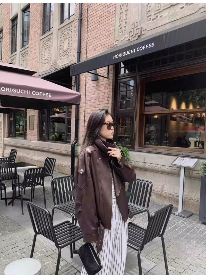 Veste motard en similicuir pour femme, manteau court, coupe ample, col double épaisseur, vêtements d'extérieur décontractés_voghion.com