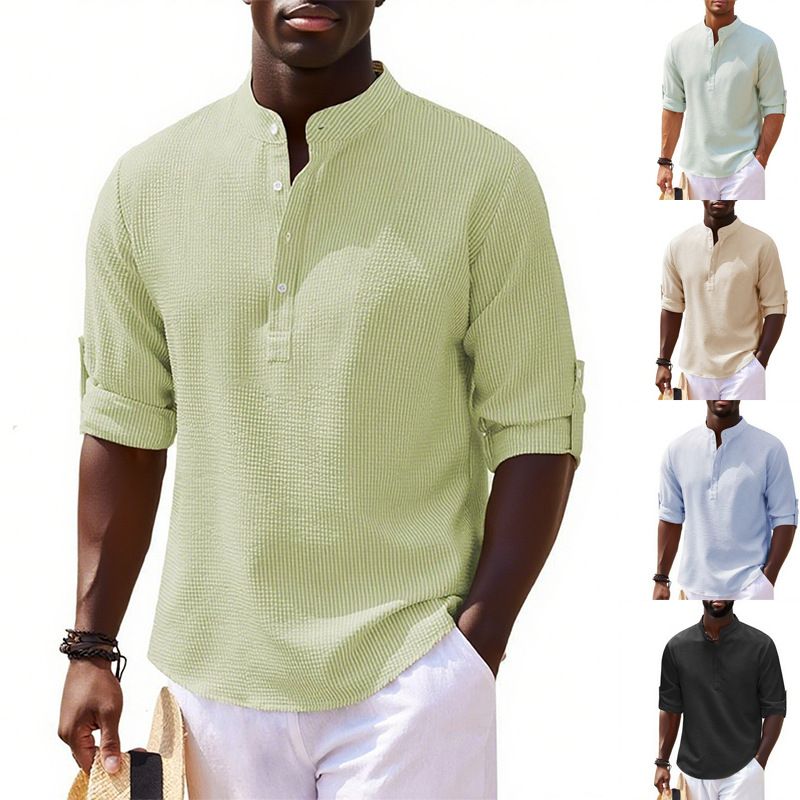 Men's Long Sleeved Stand Up Collar Plaid Shirt Solid Color Casual Bottoming Shirt Top_voghion.com