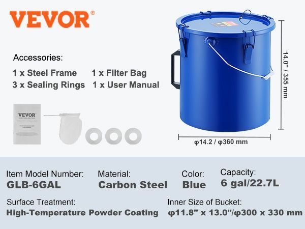 VEVOR Fryer Grease Bucket, 6 Gal Oil Disposal Caddy Carbon Steel Fryer Oil Bucket With Rust-Proof Coating, Oil Transport Container With Lid, Lock Clips, Filter Bag For Hot Cooking Oil Filtering, Blue_voghion.com