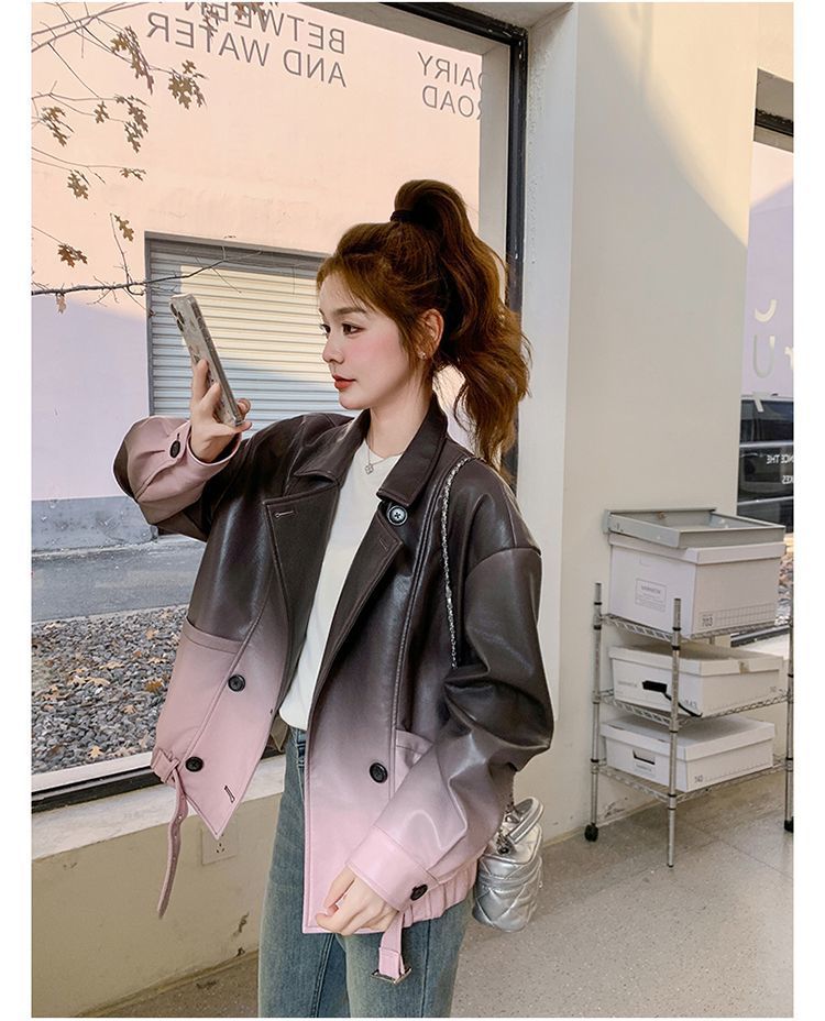 Giacca in pelle PU alla moda in stile coreano, taglia piccola, primavera 2025, grigio sfumato rosa per donna_voghion.com