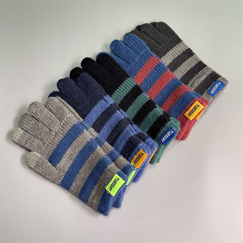 Knitted yarn warm winter women, striped, exposed finger touch screen, outdoor cycling, student Korean version, trendy_voghion.com