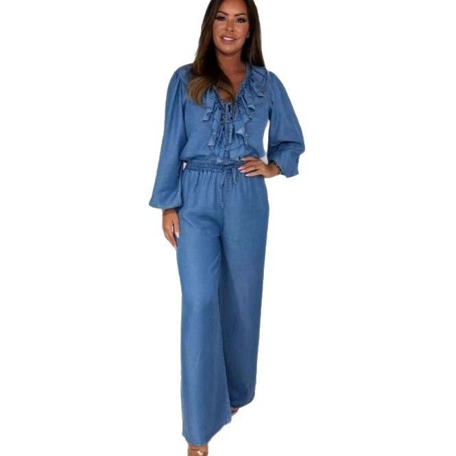 2025 Lässiges Modeset für Damen, das Temperament mit einem Jeansanzug mit Rüschenkragen zeigt_voghion.com