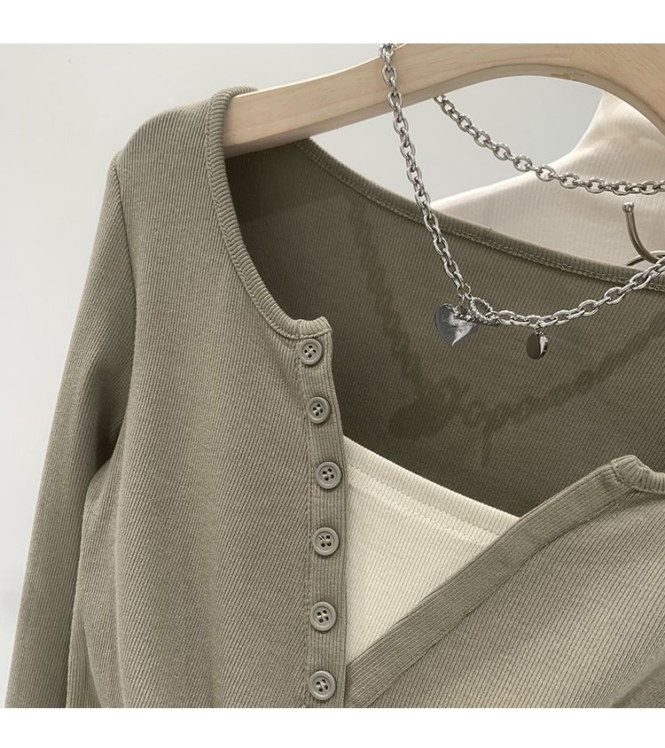 Bildkollisioun Faarf zwee laangärmlech T-Shirten fir Dammen Hierscht 2023 neien Design, Nisch V-Ausschnëtt kuerzen Top_voghion.com