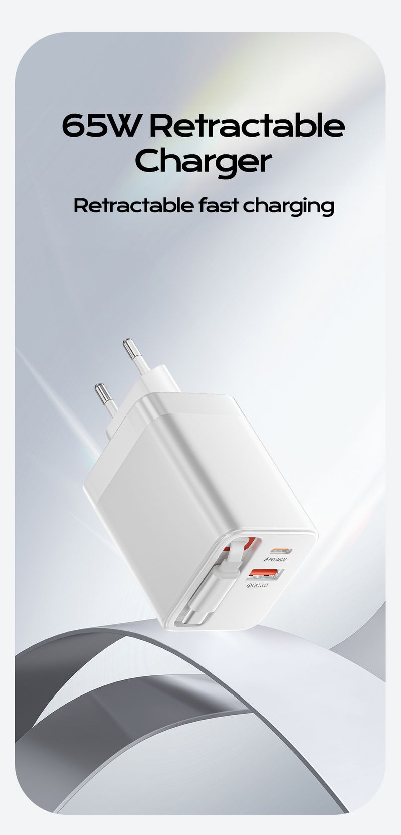 65W USB PD3.0 Phone Fast Charger With Retractable Cable EU/UK Plug Portable Power Adapter For Xiaomi Samsung USB-C Wall Charger_voghion.com