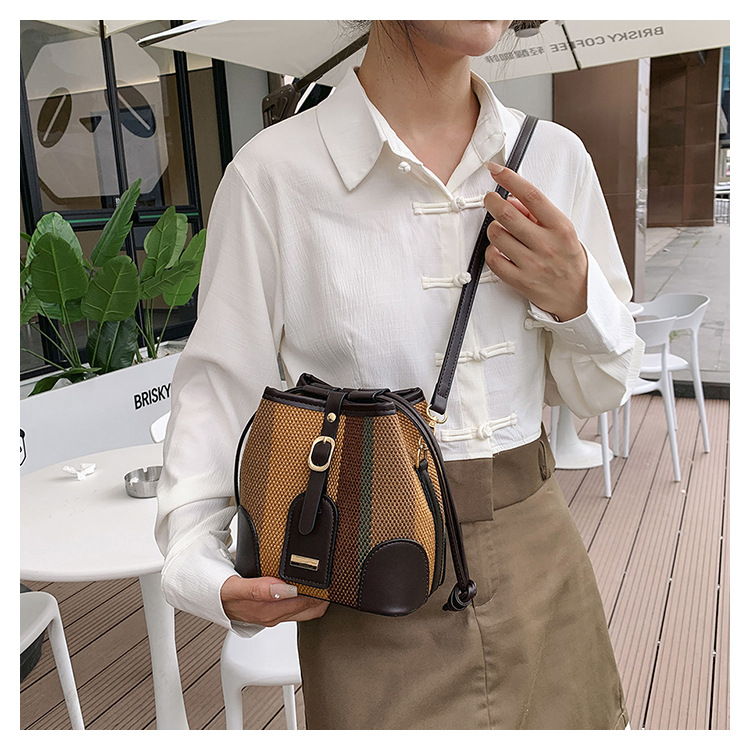 Sacs seau pour femmes, sac seau portable à rayures de couleur contrastée, sac à bandoulière tendance pour femmes_voghion.com