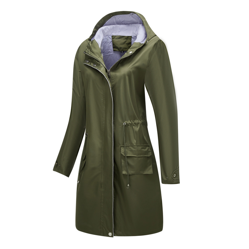Trench casual da donna K Long con cappuccio, impermeabile, tinta unita con fodera a righe, cappotto dritto._voghion.com